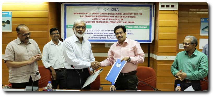 Forging new Partnership on the quality upkeep of brackishwater aquaculture produce including shrimp, between ICAR-Central Institute of Brackishwater Aquaculture (CIBA), Chennai, and Seafood Exporters Association of India, MoU signed - 17th December 2015