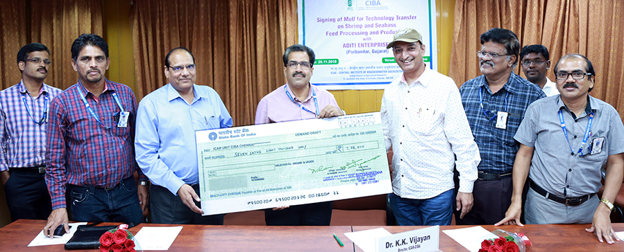 ICAR-CIBA made strategic Alliance with ‘Aditi Enterprise (Ultima Feeds)’ Porbandar, Gujarat’ for the transfer of formulated fish and shrimp feed technology through an MOU to promote brackishwater aquaculture development in the West coast of India
