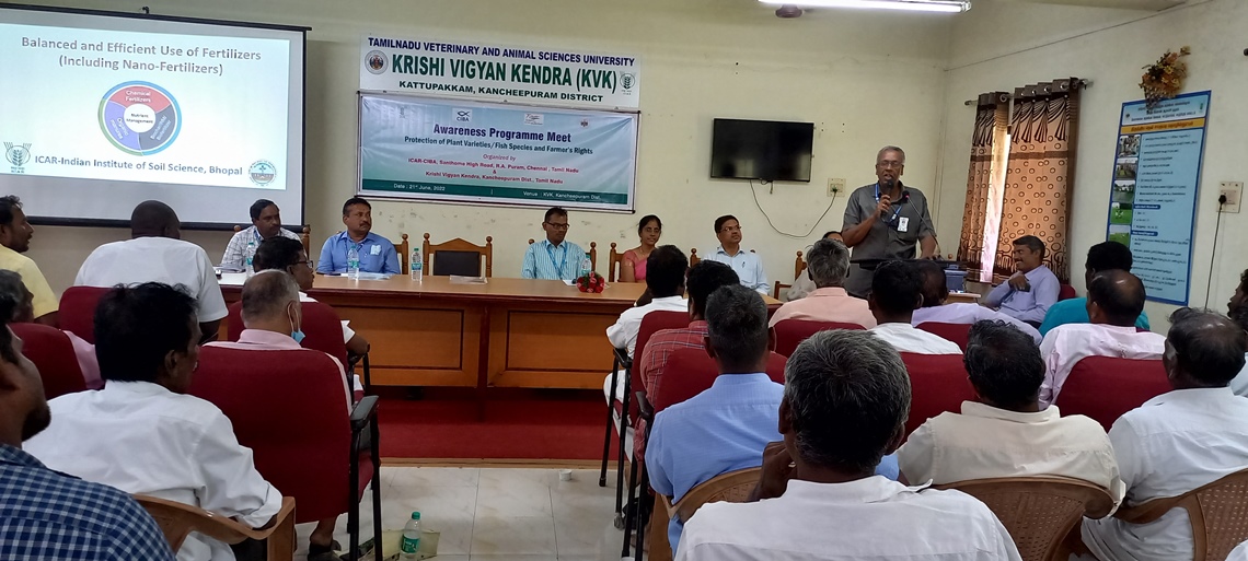 ICAR-CIBA Organized an awarenss programme on Protection of plant varieties  / fish species and farmer's rights on 21st June, 2022 at Krishi Vigyan  Kendra, Kattupakkam, Kancheepuram district of Tamil Nadu – Central