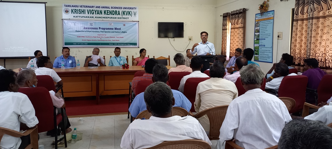 ICAR-CIBA Organized an awarenss programme on Protection of plant varieties  / fish species and farmer's rights on 21st June, 2022 at Krishi Vigyan  Kendra, Kattupakkam, Kancheepuram district of Tamil Nadu – Central