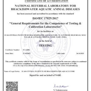 National Referral Laboratory for Brackishwater Aquatic Animal Diseases (NRLBAAD) of ICAR-CIBA gets NABL accreditation as per the standard ISO/IEC 17025:2017